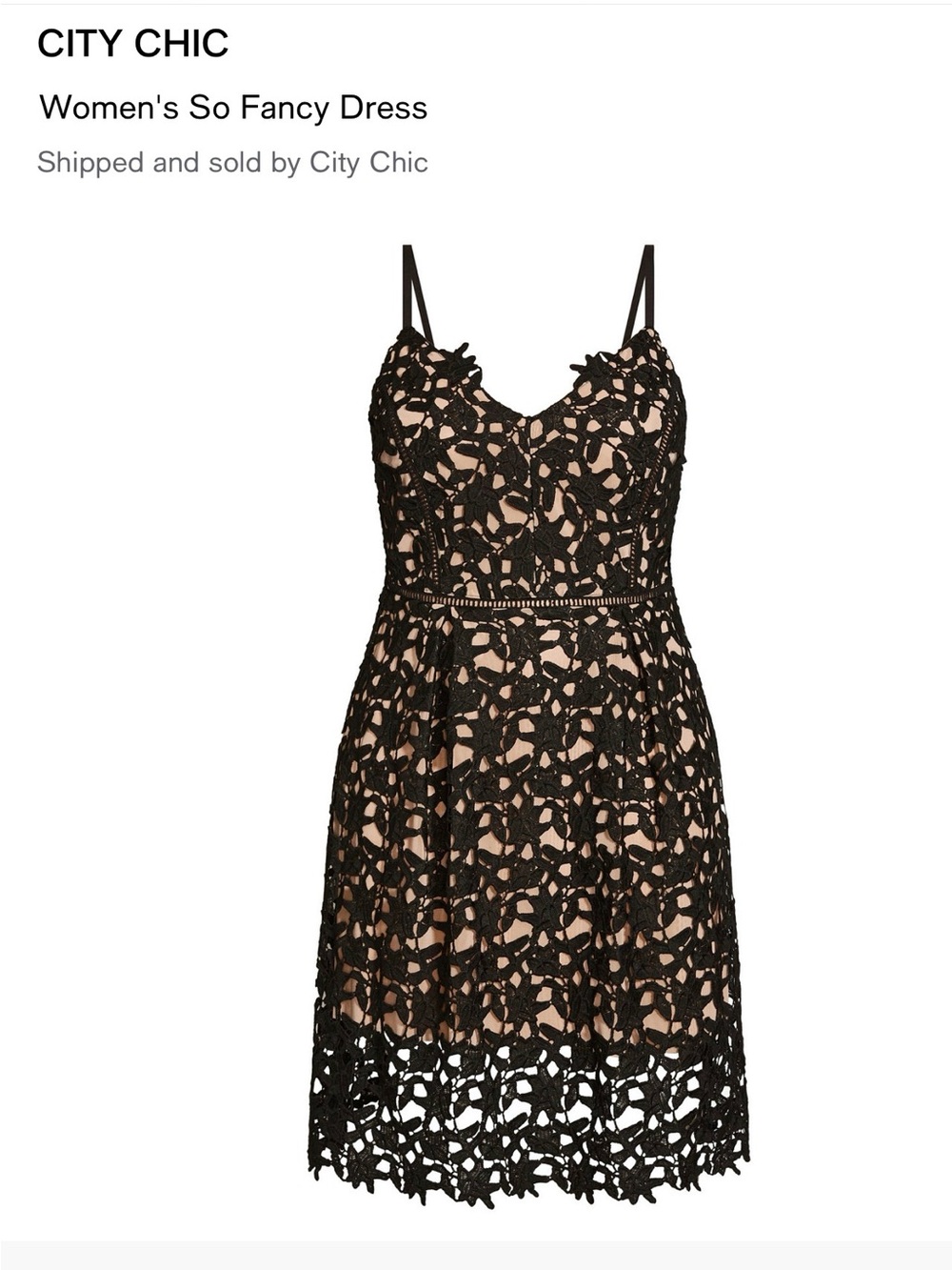 City Chic Black Crochet Lace Chemise with Nude Underlay